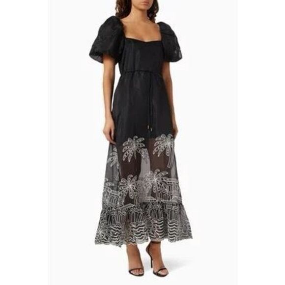 ELLIATT Nyx Maxi  Black Dress in Sheer organza Resort palm embroidery Size S NWT - Picture 1 of 6